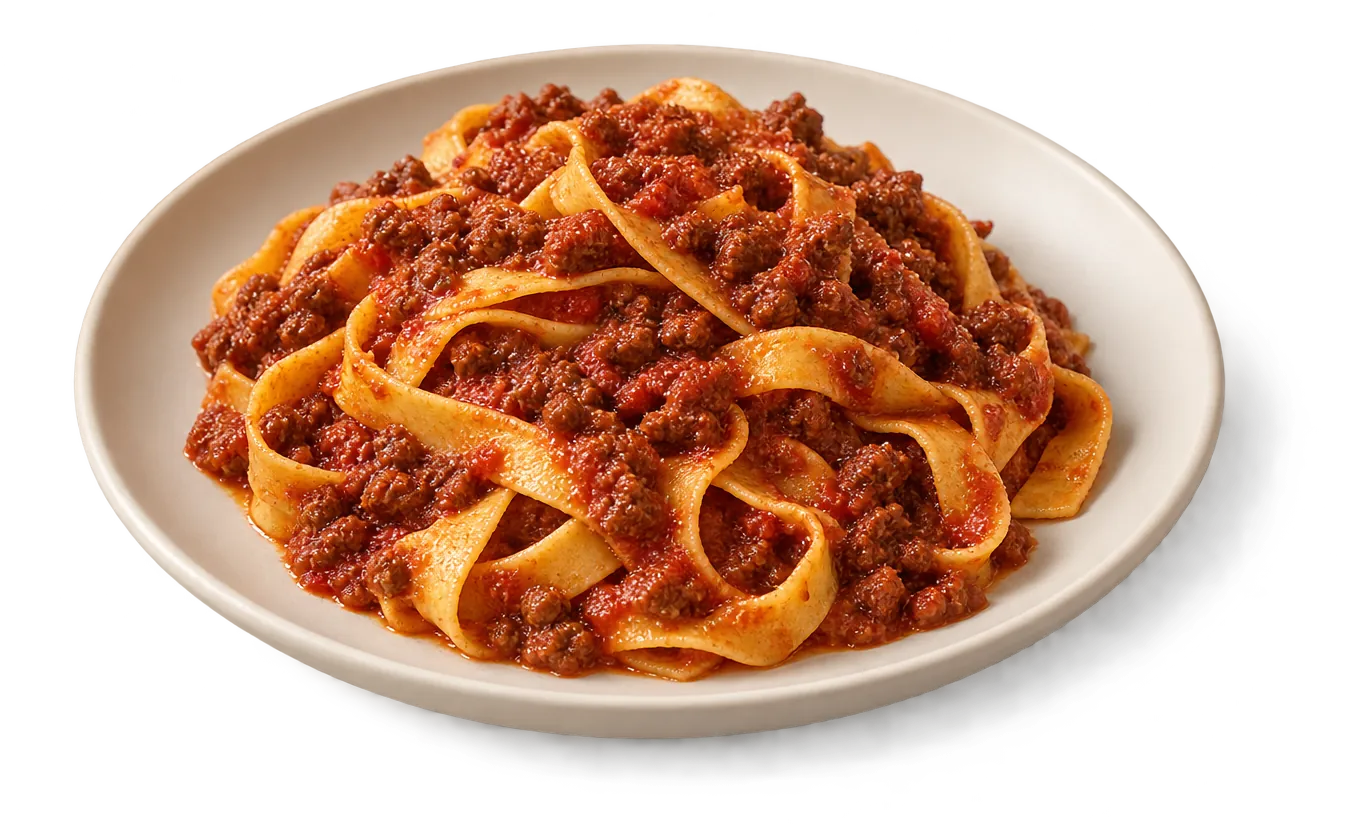 Egg tagliatelle coated in a thick horse-meat ragù on a plain pale plate